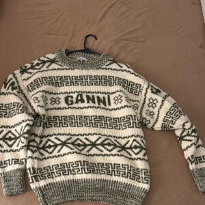 Ganni Olive and Cream Geometric Men's Sweater
